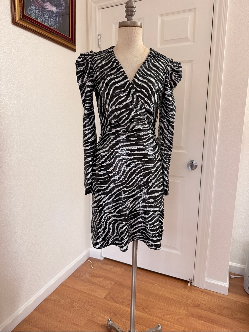 Michael Kors Black and White Zebra Wrap-Style Long Sleeve Dress